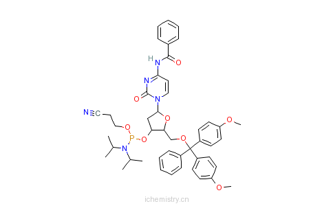 CAS:102212-98-6_5'-O-(4,4'-二甲氧基三苯基)-N4-苯甲酰基-2'-脱氧胞苷-3'-(2-氰乙基-N,N-二异丙基)亚磷酰胺的分子结构