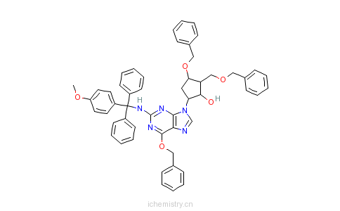 CAS:142217-78-5_(2R,3S,5S)-3-苄氧基-5-[2-[[(4-甲氧基苯基)二苯基甲基]氨基]-6-苄氧基-9H-嘌呤-9-基]-2-苄氧基甲基环戊醇的分子结构