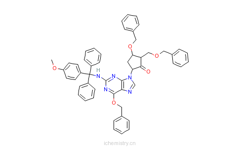 CAS:142217-79-6_(2R,3S,5S)-3-苄氧基-5-[2-[[(4-甲氧基苯基)二苯基甲基]氨基]-6-苄氧基-9H-嘌呤-9-基]-2-苄氧基甲基环戊酮的分子结构