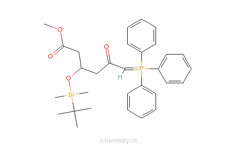 CAS:147118-35-2_(3R)-叔丁基二甲硅氧基-5-氧代-6-三苯基膦烯己酸甲酯的分子结构