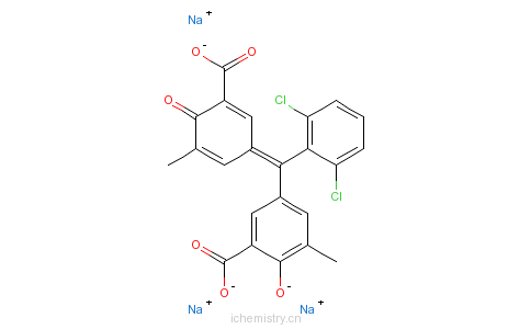 CAS:28546-93-2_5-[(3-羧基-5-甲基-4-羰基-2,5-环己二烯基-1-亚基)(2,6-二氯苯基)甲基]2-羟基-3-甲基苯甲酸四钠盐的分子结构