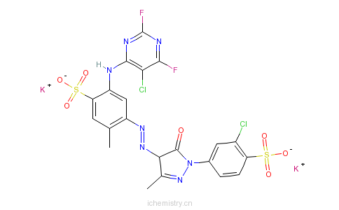 CAS:79135-93-6_2-[(5-氯-2,6-二氟-4-嘧啶基)氨基]-4-[[1-(3-氯-4-磺苯基)-4,5-二氢-3-甲基-5-氧代-1H-吡唑-4-基]偶氮]-5-?的分子结构