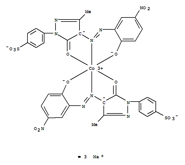 CAS:79135-28-7_二[4-[4,5-二氢-4-[(2-羟基-5-硝基苯基)偶氮]-3-甲基-5-氧代-1H-1基-吡唑基]苯磺酸根合钴(III)]酸三钠}的分子结构