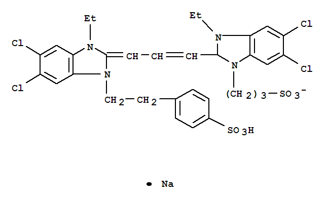 CAS:93054-07-0_3-[5,6-二氯-2-[3-[5,6-二氯-1-乙基-3-(4-磺酸根苯乙基)苯并咪唑啉-2-亚基]-1-丙烯基]-1-乙基-3-苯并咪唑啉的分子结构