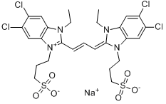 CAS:28272-54-0_5,6-二氯-2-[3-[5,6-二氯-1-乙基-1,3-二氢-3-(3-磺酸丙基)-2H-苯并咪唑-2-亚基]-1-丙烯基]-1-乙基-3-(3-磺?的分子结构