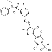 CAS:40537-81-3_2,5-二氯-4-[4-[[3-[(乙基苯基氨基)磺酰基]-4-甲基苯基]偶氮]-4,5-二氢-3-甲基-5-氧-1H-吡唑-1-基]苯磺酸的分子结构