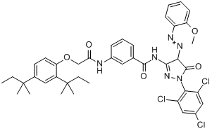 CAS:55664-78-3_1-(2,4,6-三氯苯基)-3-[3-(2,4-二特戊基苯氧基)乙酰胺基]苯甲酰胺基-4-对甲氧基苯基偶氮-5-吡唑酮的分子结构