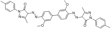 CAS:6883-91-6_4,4'-[(3,3'-二甲氧[1,1'-联苯]-4,4'-二基)双(偶氮)]双[2,4-二氢-5-甲基-2-(4-甲基苯基)-3H-吡唑-3-酮的分子结构