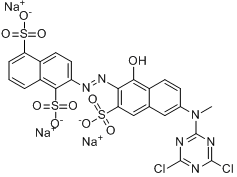 CAS:70616-90-9_2-[[6-[(4,6-二氯-1,3,5-三嗪-2-基)甲氨基]-1-羟基-3-磺基-2-萘基]偶氮]-1,5-萘二磺酸三钠盐的分子结构