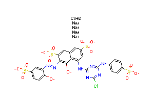CAS:75214-66-3_[5-[[4-氯-6-(4-磺苯氨基)-1,3,5-三嗪-2-基]氨基]-4-羟基-3-[(2-羟基-5-磺苯基)偶氮]萘-2,7-二磺酸根]合铜?的分子结构